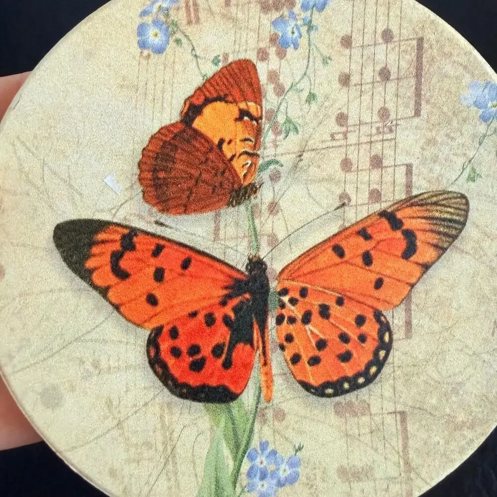 Set of 4 Round Stoneware Corked Backed‎ Butterfly Coasters Each One Unique